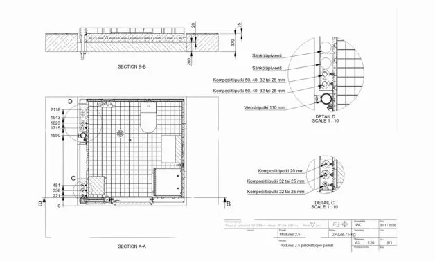 Ote Flow Modules -vakiokylpyhuoneen palokatkosuunnitelmasta