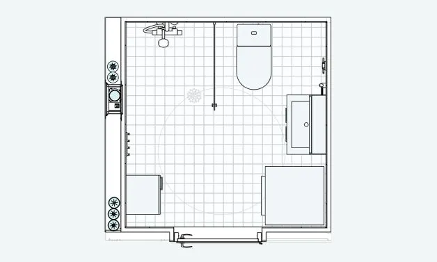 Flow Modules -kylpyhuonemoduuli, vakiopohja M1, esimerkki